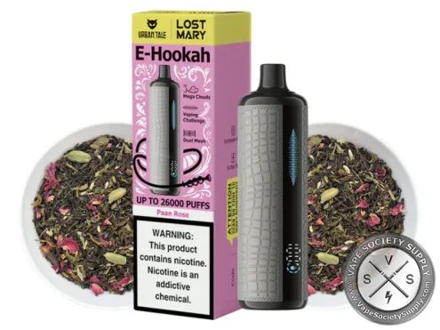 Lost Mary x Urban Tale E-Hookah Paan Rose disposable vape in gray with its box, next to a bowl of dried rose petals and herbs
