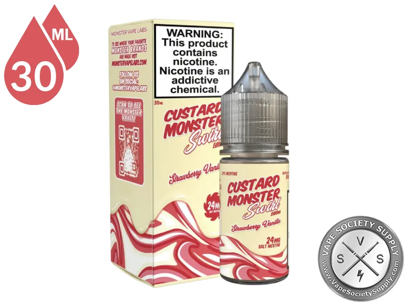 Strawberry Vanilla Swirl Custard Monster Salt 30ml bottle in front of its box