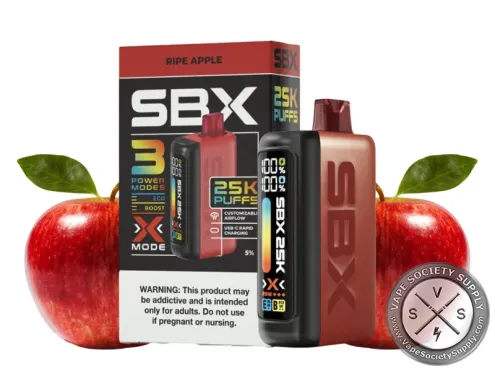 SBX 25K disposable in Ripe Apple with its box, red apples