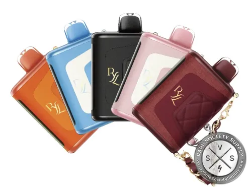 Five RAZ RYL Classic 35K disposable vapes in orange, light blue, black, pink and burgundy, one with a chain lanyard