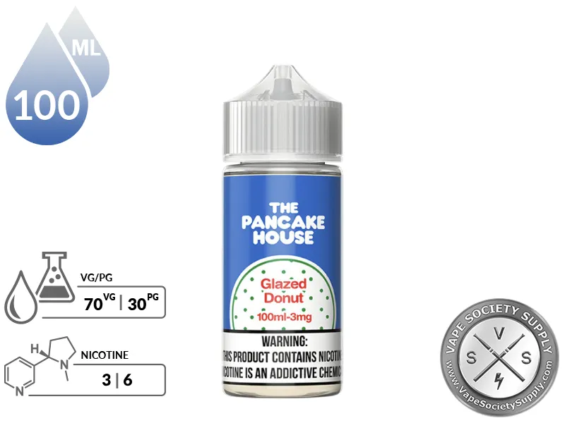 Glazed Donut by The Pancake House 100ml bottle with a 70/30 VG/PG icon and nicotine strength icons