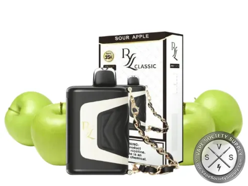 RAZ RYL Classic 35K Sour Apple Ice disposable vape and box with green apples