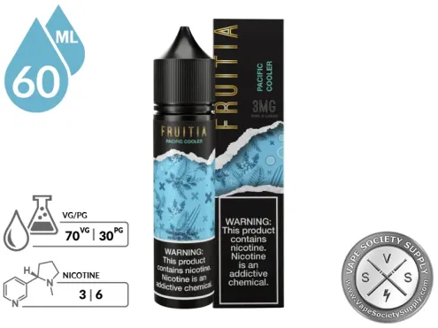 Pacific Cooler by Fruitia 60ml bottle and box with a 70/30 VG/PG icon and nicotine strength icons