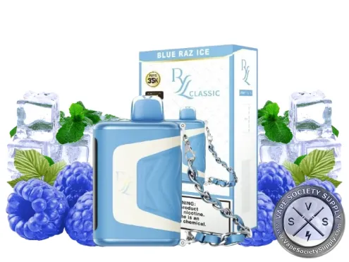 RAZ RYL Classic 35K Blue Raz Ice disposable vape and box with blue raspberries and ice cubes