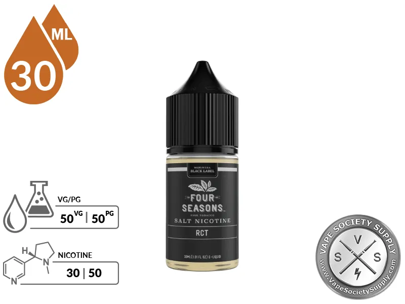 Roasted Coffee Tobacco (RCT) by Four Seasons Black Label Salt 30ml bottle with a 50/50 VG/PG icon and nicotine strength icons