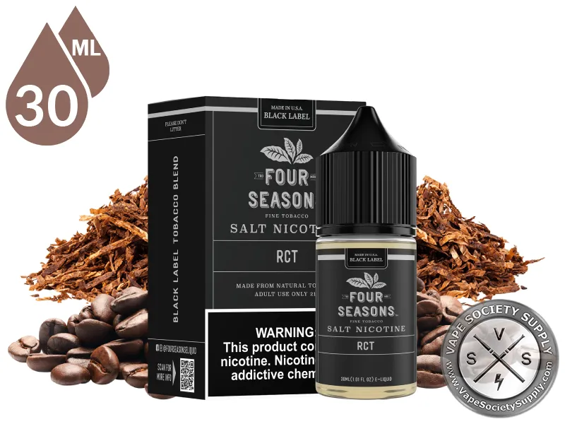 Roasted Coffee Tobacco (RCT) by Four Seasons Black Label Salt 30ml bottle and box with coffee beans and cut tobacco