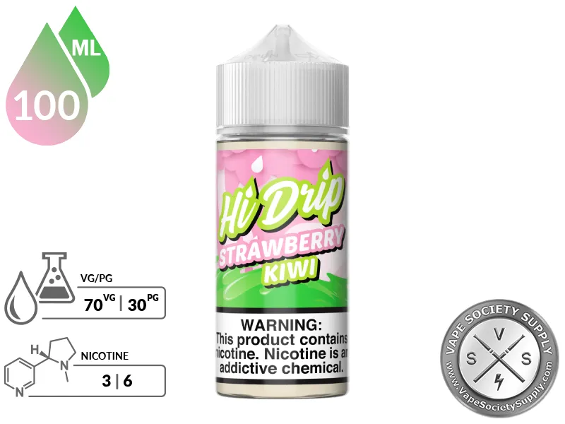 Strawberry Kiwi by Hi Drip 100ml bottle with a 70/30 VG/PG icon and nicotine strength icons