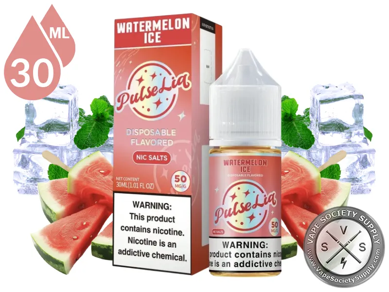 Watermelon Ice by Pulse Liq Salts 30ml bottle and box with watermelon slices, ice cubes and mint leaves