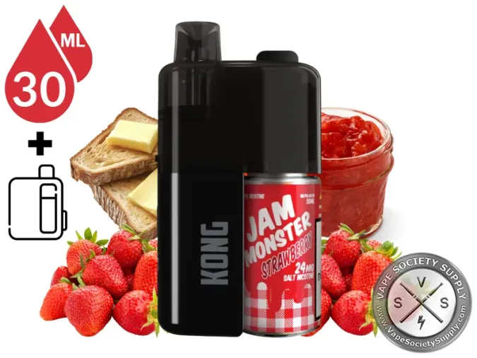 Kong by Zilla x Jam Monster Strawberry refillable disposable vape and 30mL bottle with buttered toast, a jar of strawberry jam and strawberries