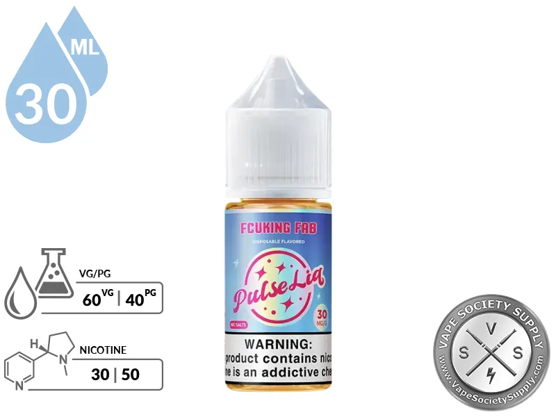 Fcuking Fab by Pulse Liq Salts 30ml bottle with VG/PG and nicotine strength icons