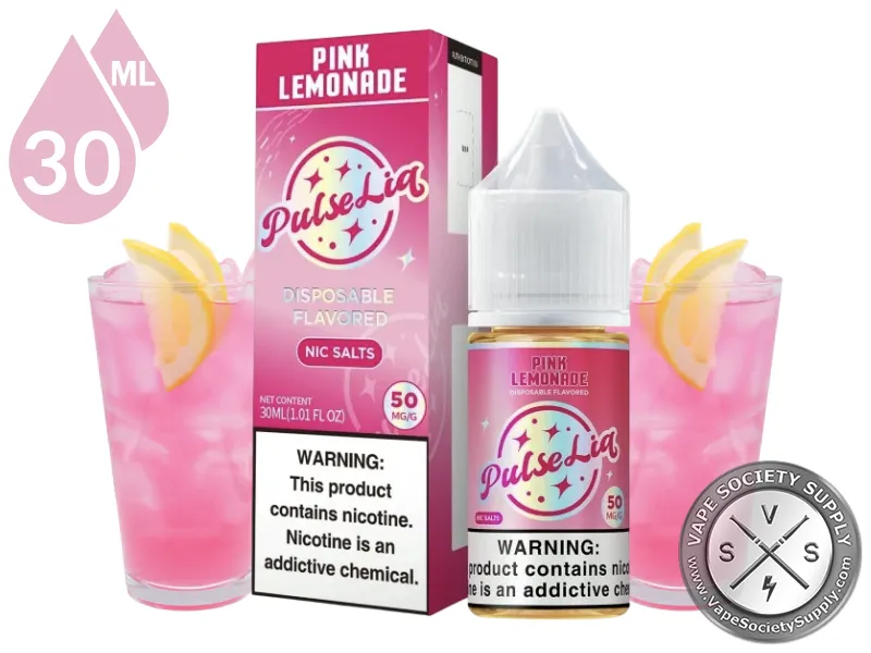 Pink Lemonade by Pulse Liq Salts 30ml bottle and box with glasses of pink lemonade and lemon slices