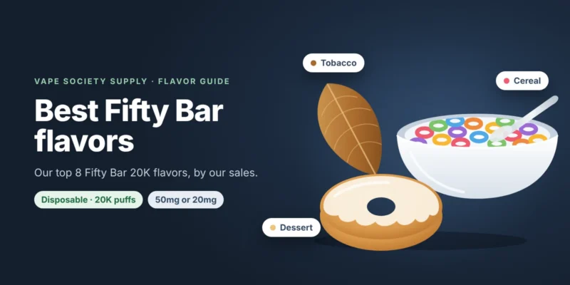 Flavor guide graphic for Fifty Bar flavors: a glazed donut, a bowl of ring cereal with milk and a tobacco leaf, with tags for dessert, cereal and tobacco