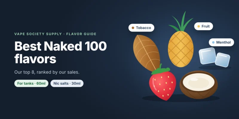 Flavor guide graphic for Naked 100 flavors: a pineapple, a strawberry, a coconut half, ice cubes and a tobacco leaf, with tags for fruit, menthol and tobacco