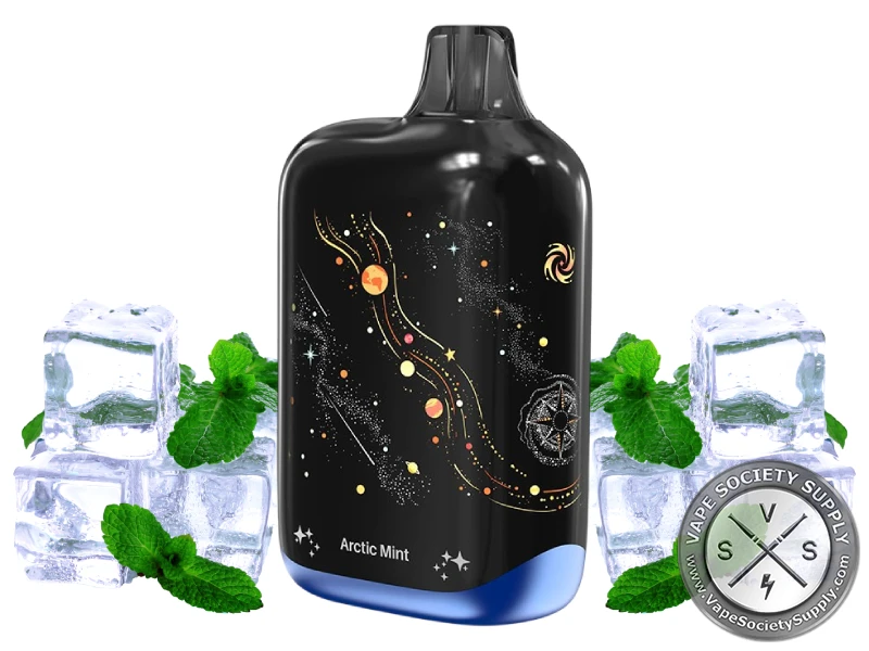 Lost Vape Orion Bar Arctic Mint disposable vape in black with gold star art, next to ice cubes and mint leaves