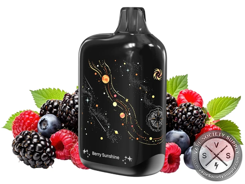 Lost Vape Orion Bar Berry Sunshine disposable vape in black with gold star art, next to blackberries, raspberries and blueberries