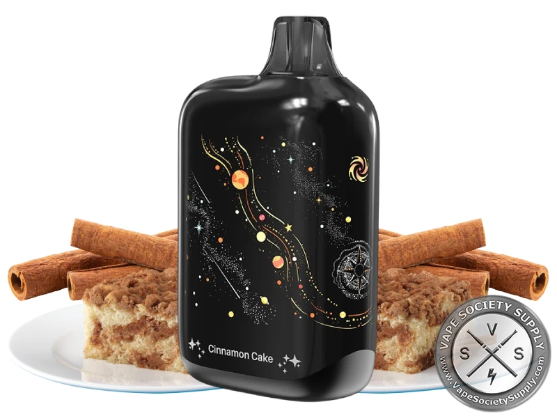 Lost Vape Orion Bar Cinnamon Cake disposable vape in black with gold star art, next to cinnamon sticks and slices of cake