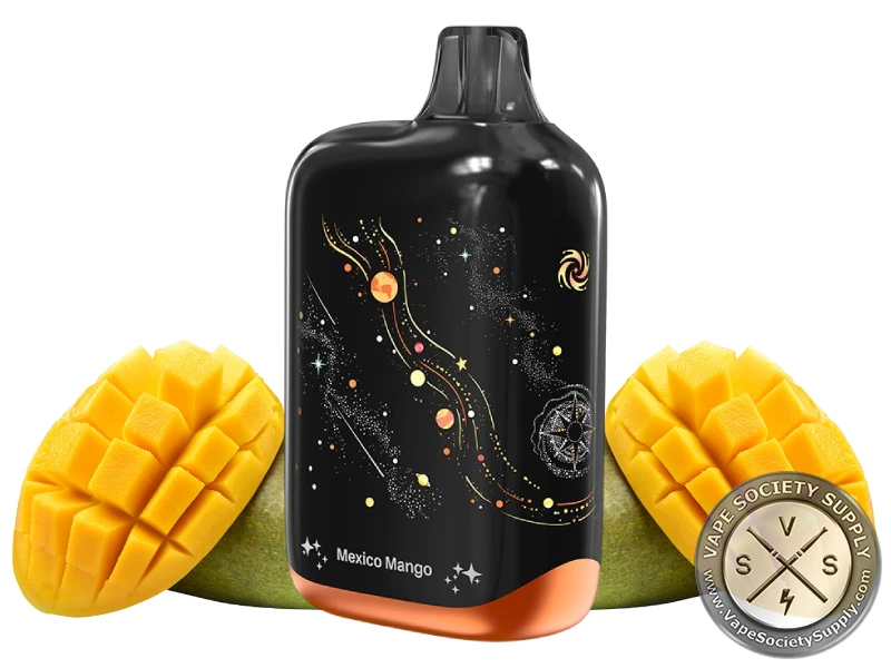 Lost Vape Orion Bar Mexico Mango disposable vape in black with gold star art, next to mangoes