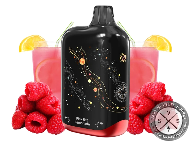 Lost Vape Orion Bar Pink Raz Lemonade disposable vape in black with gold star art, next to raspberries and glasses of pink lemonade