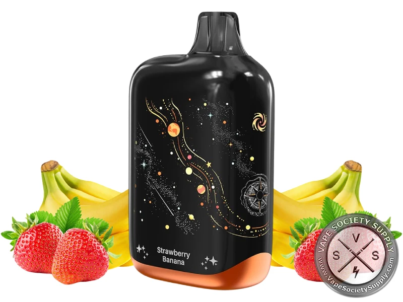 Lost Vape Orion Bar Strawberry Banana disposable vape in black with gold star art, next to bananas and strawberries