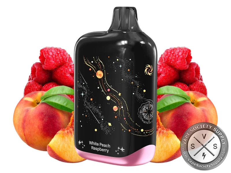 Lost Vape Orion Bar White Peach Raspberry disposable vape in black with gold star art, next to peaches and raspberries