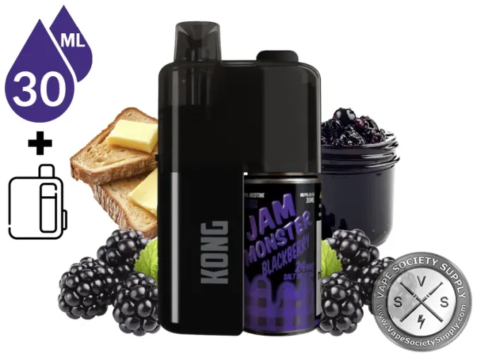 Kong by Zilla x Jam Monster Blackberry refillable disposable vape and 30mL bottle with buttered toast, a jar of blackberry jam and blackberries