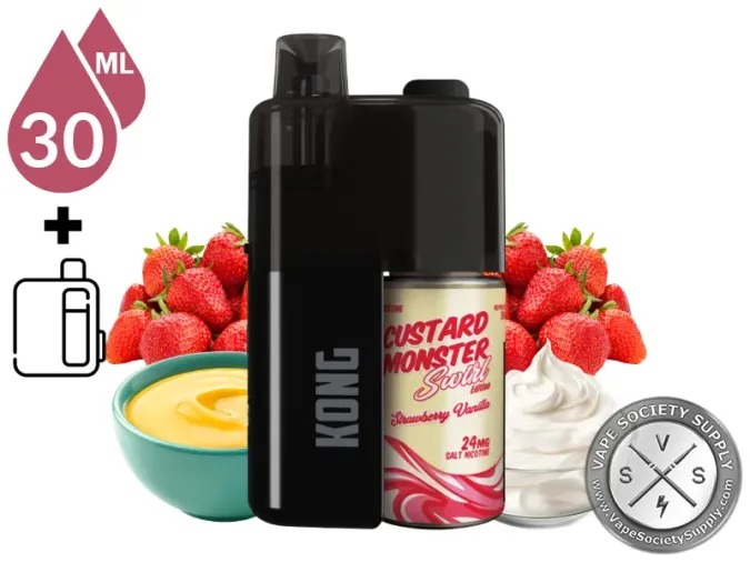 Kong by Zilla x Custard Monster Strawberry Vanilla Swirl refillable disposable vape and 30mL bottle with strawberries, a bowl of custard and whipped cream
