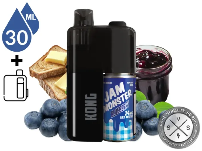 Kong by Zilla x Jam Monster Blueberry refillable disposable vape and 30mL bottle with buttered toast, a jar of blueberry jam and blueberries