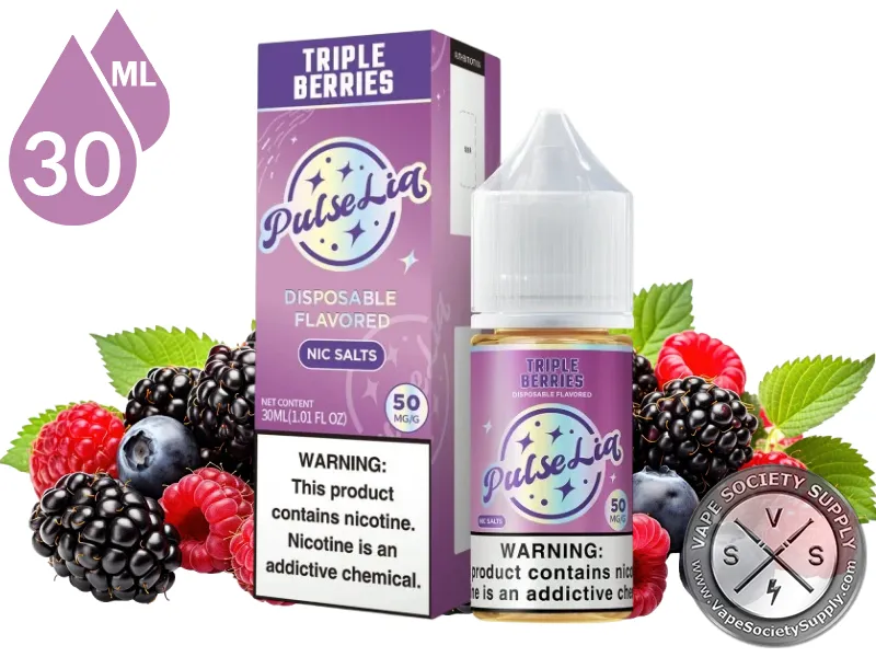 Triple Berries by Pulse Liq Salts 30ml bottle and box with blackberries, raspberries and blueberries