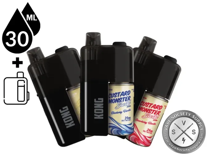 Three Kong by Zilla x Custard Monster refillable disposable vapes with their 30mL Custard Monster bottles