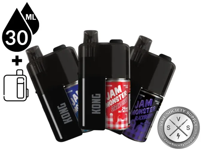 Three Kong by Zilla x Jam Monster refillable disposable vapes with their 30mL Jam Monster bottles