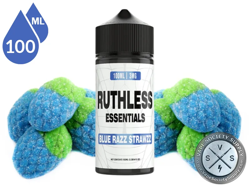 Blue Razz Strawzz Ruthless Essentials 100ml bottle with blue raspberry gummy candies