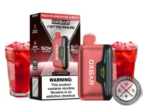 OXBAR Astro Maze 50K Red Punch Slushy disposable vape and box with glasses of red punch slush