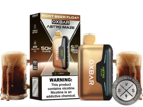 OXBAR Astro Maze 50K Root Beer Float disposable vape and box with mugs of root beer float