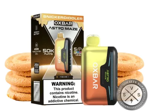 OXBAR Astro Maze 50K Snickerdiddler disposable vape and box with snickerdoodle cookies