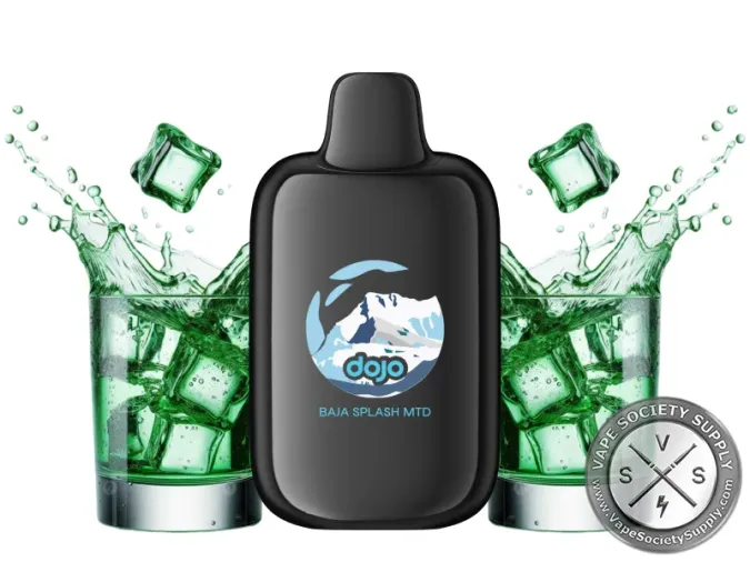 Vaporesso DOJO iMate X Baja Splash MTD pod in black, next to glasses of green slush and ice cubes