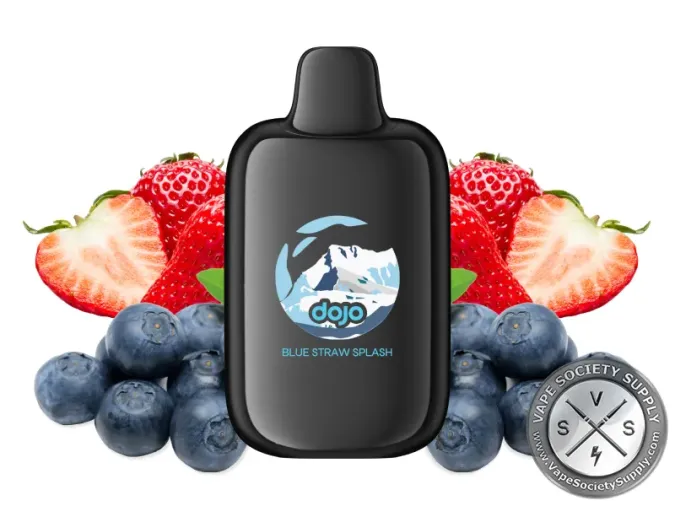 Vaporesso DOJO iMate X Blue Straw Splash pod in black, next to strawberries and blueberries