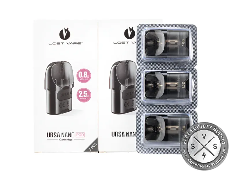 Two Lost Vape URSA Nano pod cartridge boxes marked 0.8Ω mesh pod and 2.5ml, with a blister pack of three pods