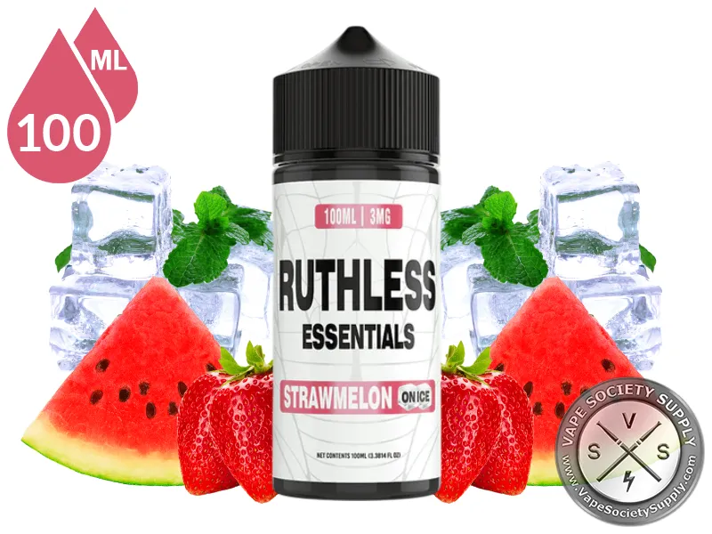 Strawmelon On Ice Ruthless Essentials 100ml bottle with watermelon, strawberries, mint and ice
