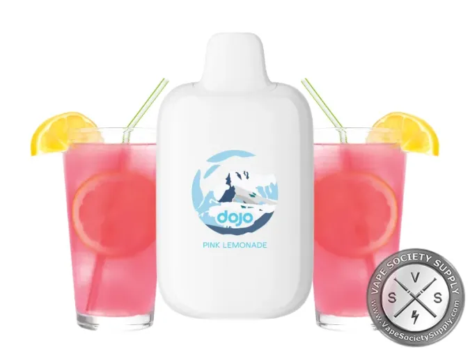 Vaporesso DOJO iMate X Pink Lemonade pod in white, next to glasses of pink lemonade and lemon slices