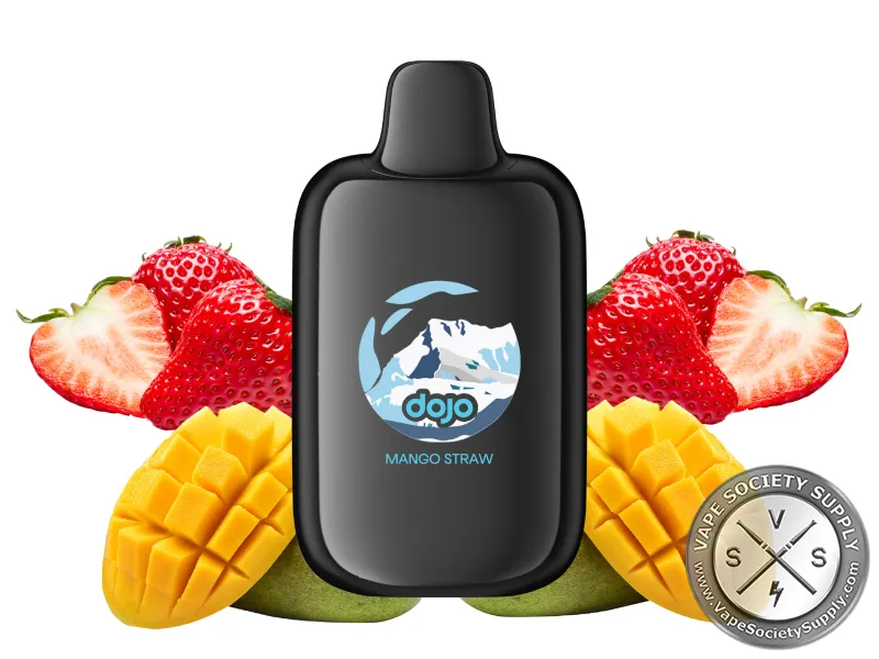 Vaporesso DOJO iMate X Mango Straw pod in black, next to strawberries and mangoes