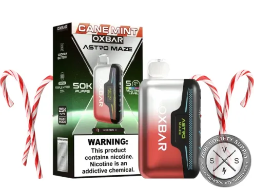 OXBAR Astro Maze 50K Cane Mint disposable vape and box with candy canes