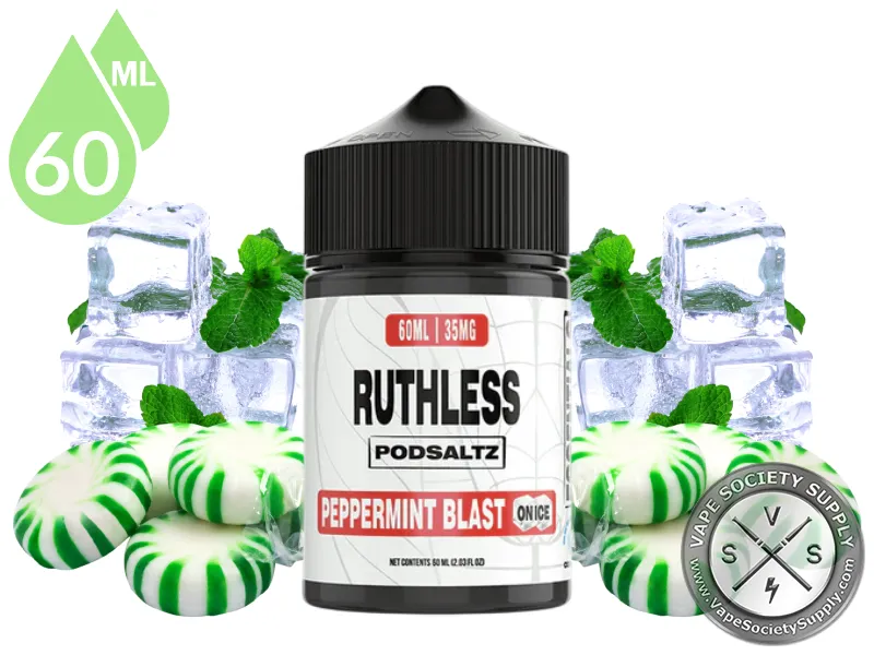 Peppermint Blast On Ice Ruthless Essentials Pod Salt 60ml bottle with peppermint candies, mint leaves and ice