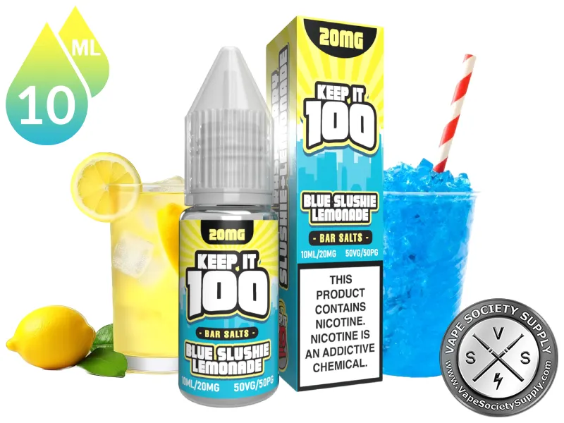 Blue Slushie Lemonade by Keep It 100 Bar Salt 10ml bottle and box with a glass of lemonade, lemons and cups of blue slushie