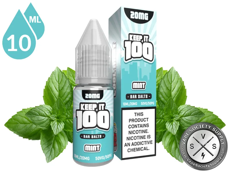 Mint by Keep It 100 Bar Salt 10ml bottle and box with mint leaves