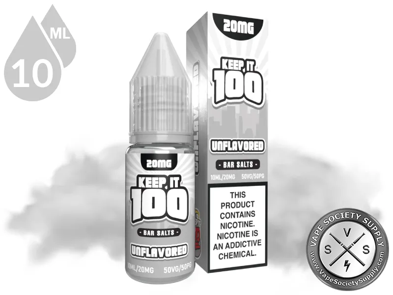 Unflavored by Keep It 100 Bar Salt 10ml bottle and box with a cloud of vapor
