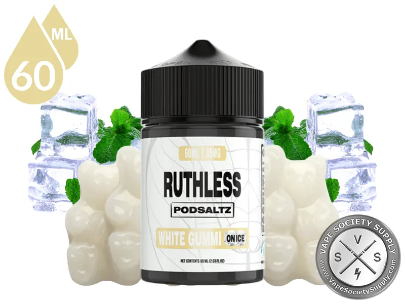 White Gummi On Ice Ruthless Essentials Pod Salt 60ml bottle with white gummy candies, mint and ice