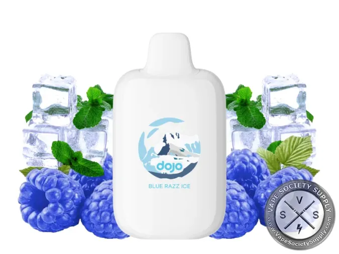 Vaporesso DOJO iMate X Blue Razz Ice pod in white, next to blue raspberries, ice cubes and mint leaves