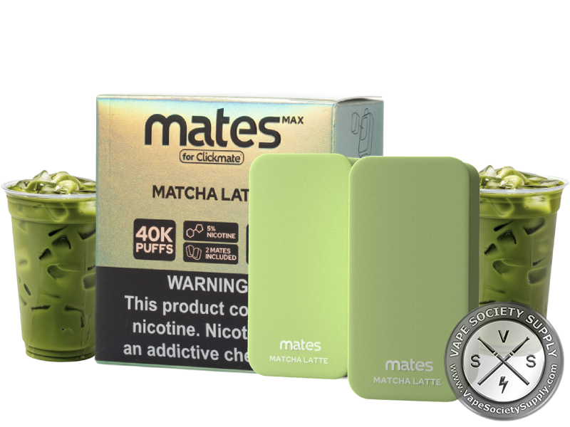 7 Daze Mates MAX 40K Matcha Latte pods and box with iced matcha lattes
