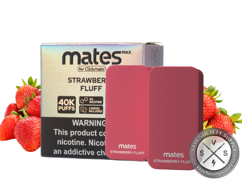 7 Daze Mates MAX 40K Strawberry Fluff pods and box with strawberries