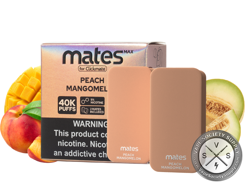 7 Daze Mates MAX 40K Peach Mangomelon pods and box with a peach, mango and honeydew